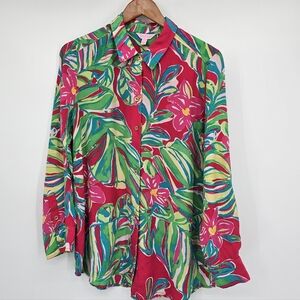 Lilly Pulitzer Isla Silk Blouse "Pomegranate Jungle Tumble"  Womens Large